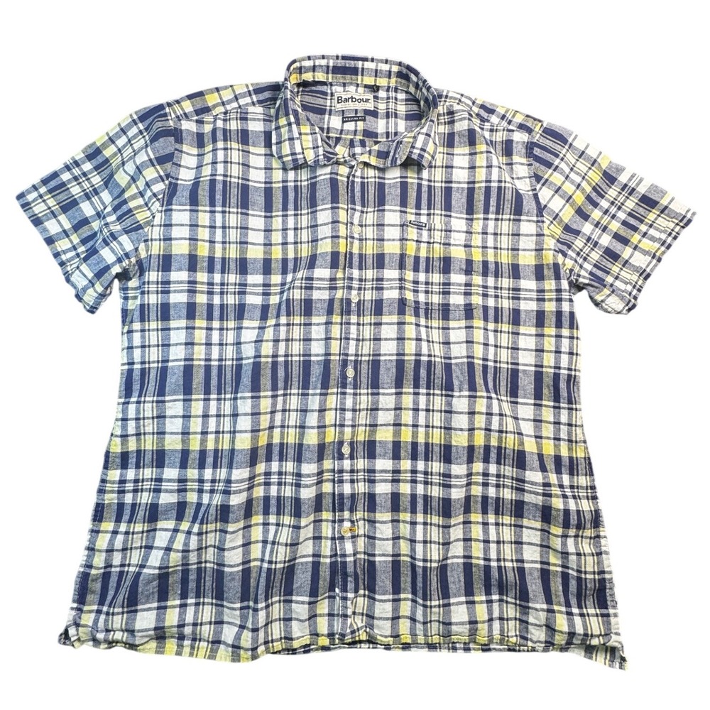 Barbour Mens Regular Fit Short Sleeve Linen Cotton Plaid Shirt Navy Yellow M
